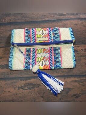 America & Beyond Multicolor Woven Boho Geometric Zip Tassel Clutch 11.5 x 6 in